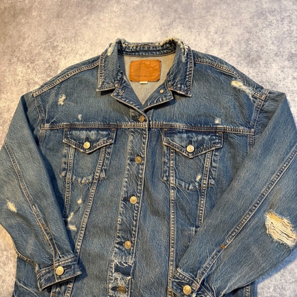 American Eagle Mens Distressed Denim Trucker Jacket Blue Small Oversized Fit - Picture 5 of 5